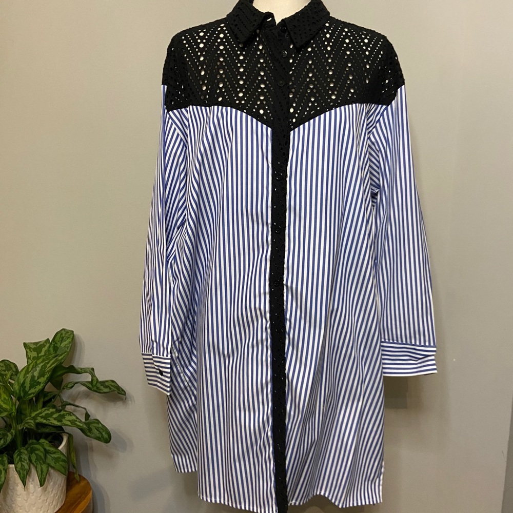 Zara Stripe Button Down Eyelet Lace Shirt Dress XL